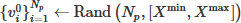 Mathematical equation: $ \{v_i^0\}_{i=1}^{N_p} \leftarrow \text{Rand}\left(N_p, [X^{\min}, X^{\max}]\right) $