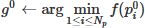 Mathematical equation: $ g^0 \leftarrow \arg\min_{1 \le i \le N_p} f(p_i^0) $