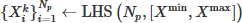 Mathematical equation: $ \{X_i^k\}_{i=1}^{N_p} \leftarrow \text{LHS}\left(N_p, [X^{\min}, X^{\max}]\right) $