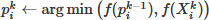 Mathematical equation: $ p_i^k \leftarrow \arg\min\left(f(p_i^{k-1}), f(X_i^k)\right) $