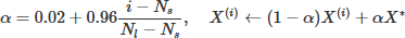 Mathematical equation: $ \alpha = 0.02 + 0.96 \frac{i - N_s}{N_l - N_s}, \quad X^{(i)} \leftarrow (1 - \alpha) X^{(i)} + \alpha X^* $