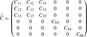 Mathematical equation: $$ \begin{aligned} \bar{\bar{C}} = \begin{pmatrix} C_{11}&C_{12}&C_{13}&0&0&0 \\ C_{12}&C_{11}&C_{13}&0&0&0 \\ C_{13}&C_{13}&C_{33}&0&0&0 \\ 0&0&0&C_{44}&0&0 \\ 0&0&0&0&C_{44}&0 \\ 0&0&0&0&0&C_{66} \end{pmatrix} \end{aligned} $$