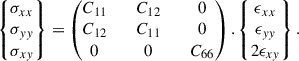 Mathematical equation: $$ \begin{aligned} \begin{Bmatrix} \sigma _{xx}\\ \sigma _{yy}\\ \sigma _{xy} \end{Bmatrix} = \begin{pmatrix} C_{11}&\quad C_{12}&\quad 0 \\ C_{12}&\quad C_{11}&\quad 0 \\ 0&\quad 0&\quad C_{66} \end{pmatrix} . \begin{Bmatrix} \epsilon _{xx}\\ \epsilon _{yy}\\ 2\epsilon _{xy} \end{Bmatrix}. \end{aligned} $$