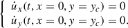 Mathematical equation: $$ \begin{aligned} {\left\{ \begin{array}{ll} \dot{u}_x (t,x=0,y=y_c) = 0 \\ \dot{u}_y (t,x=0,y=y_c) = 0. \end{array}\right.} \end{aligned} $$