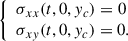 Mathematical equation: $$ \begin{aligned} {\left\{ \begin{array}{ll} \sigma _{xx} (t,0,y_c) = 0 \\ \sigma _{xy} (t,0,y_c) = 0. \end{array}\right.} \end{aligned} $$