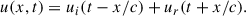Mathematical equation: $$ \begin{aligned} u(x,t) = u_i(t-x/c) + u_r(t+x/c). \end{aligned} $$