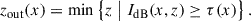Mathematical equation: $$ \begin{aligned} z_{\mathrm{out} }(x) = \min \left\{ z \;\big |\; I_{\mathrm{dB} }(x, z) \ge \tau (x) \right\} . \end{aligned} $$